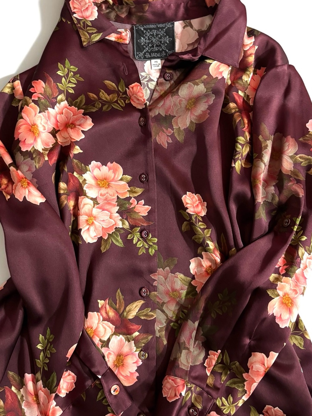 Johnny Was Silk Blouse Jade Amanza Winonna Burgundy Floral - Picture 5 of 7